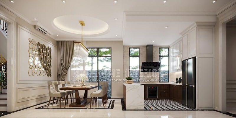 Thiết kế phòng ăn liền bếp với hệ cửa mở giúp không gian luôn được thông thoáng. Mẫu nội thất biệt thự đẹp