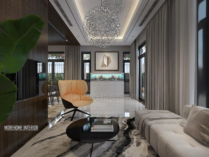Thảm lông mềm nghệ thuật tạo sự phân chia độc đáo cho phòng khách hiện đại sang trọng. Mẫu nội thất biệt thự đẹp