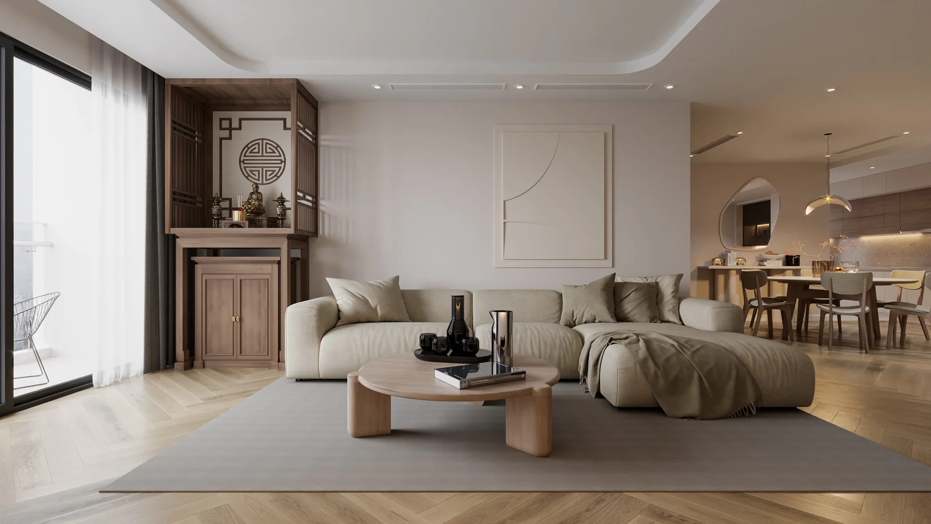 Sofa bệt và khoảng sàn trống: chọn thảm, bàn trà thấp sao cho dễ sống